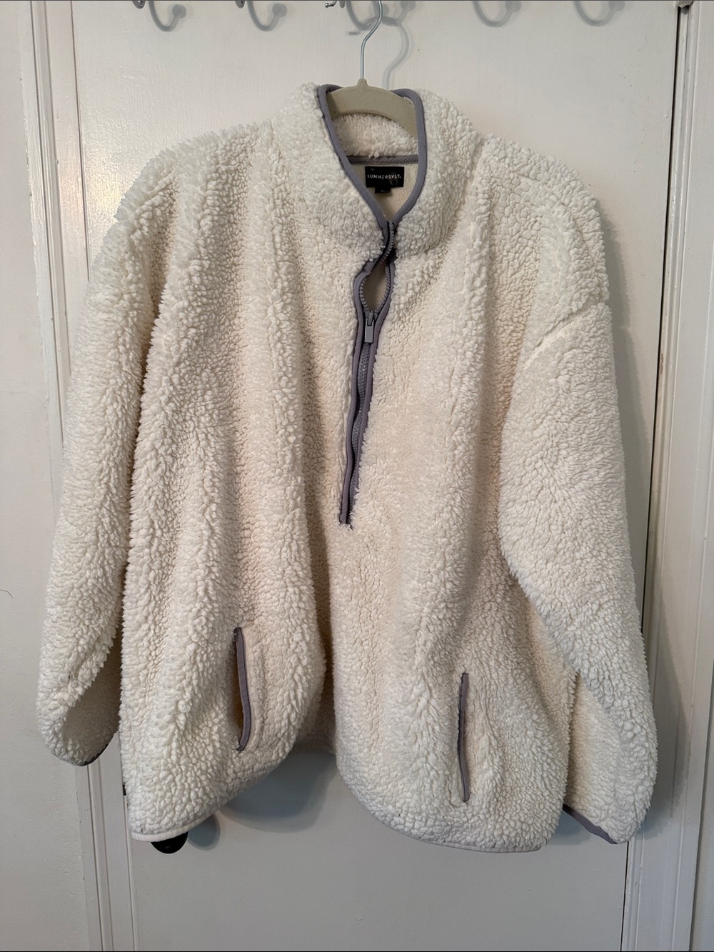 summersalt Ivory Sherpa Half-Zip Jacket with Gray Trim
